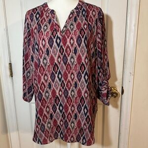 Maurices sheer top in geometric burgundy and navy. Size 1X.